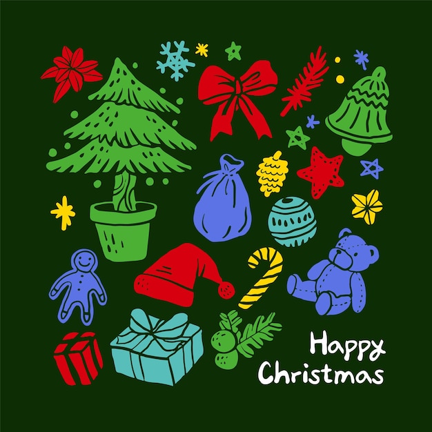 Illustration of Christmas card decorated with Christmas decorative props.