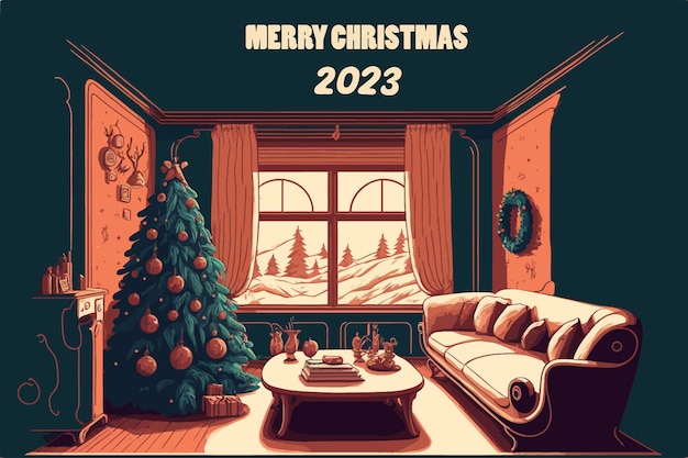 illustration Christmas decor and atmosphere inside a house. background