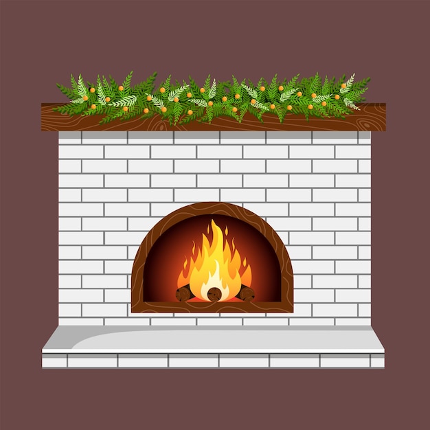 Illustration of Christmas fireplace with fir branches for postcard, banner, poster, website.