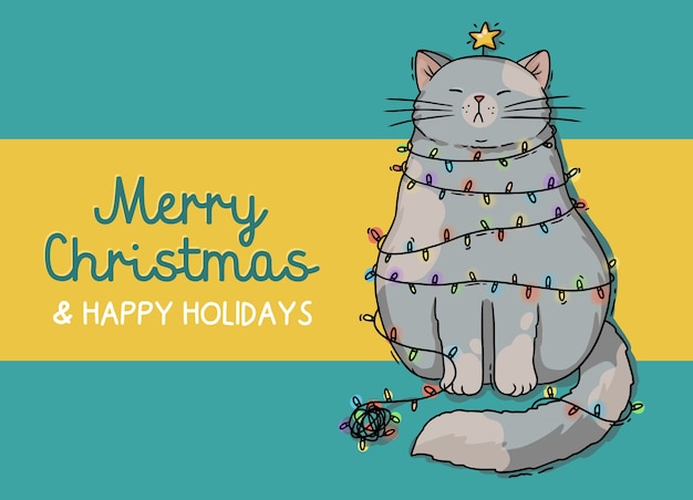 Illustration of christmas gray cat with new year garland