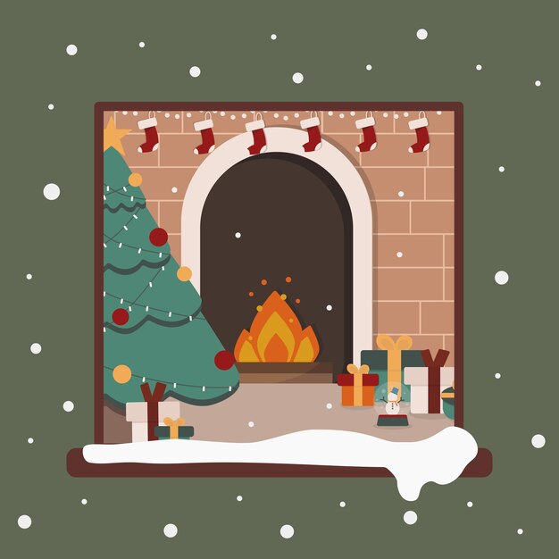 Vector illustration of christmas theme in house with fireplace and christmas tree christmas holiday