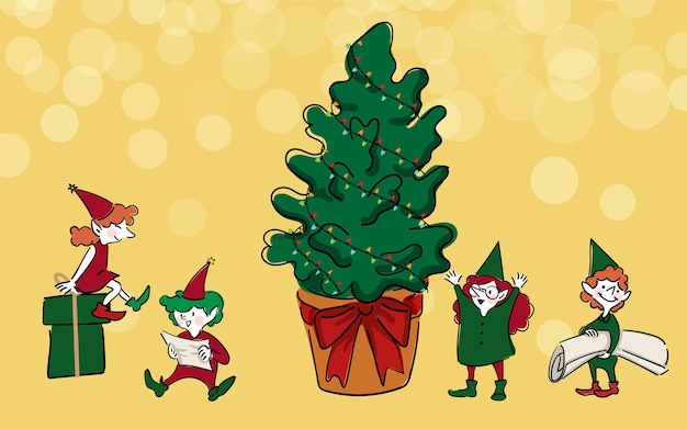 Illustration of Christmas tree and fairies