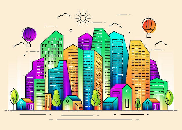 Illustration city line in colorful designIllustration city line in colorful design