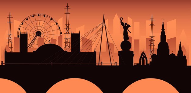 An illustration of a cityscape with a ferris wheel in the background.