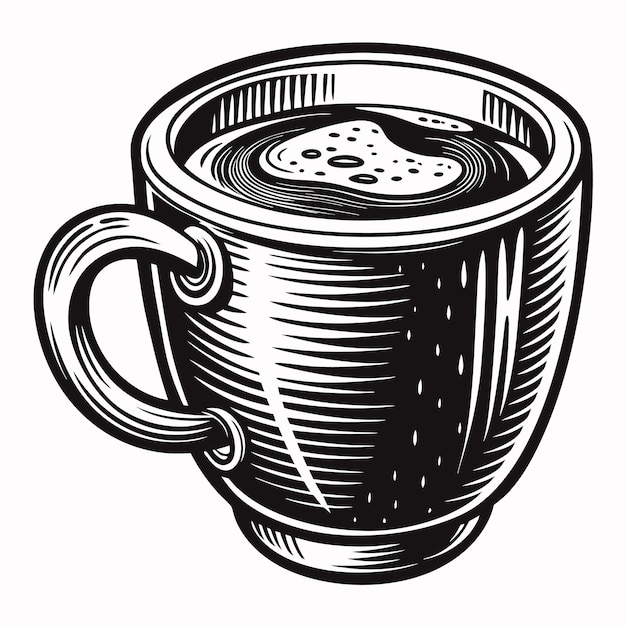 Vector illustration of a classic mug of coffee in black and white vintage style