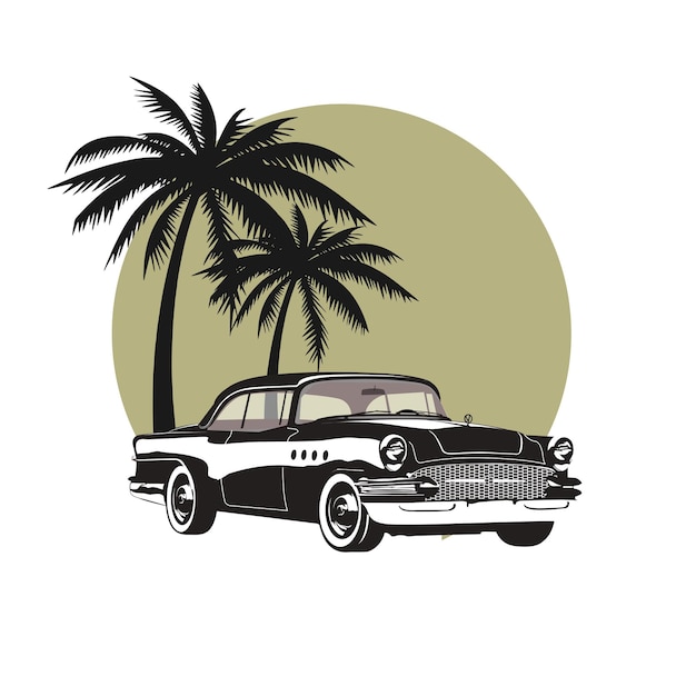 illustration of classic retro vintage muscle car with background of coconut tree