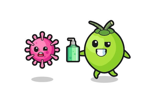 Illustration of coconut character chasing evil virus with hand sanitizer