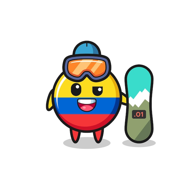 Illustration of colombia flag badge character with snowboarding style