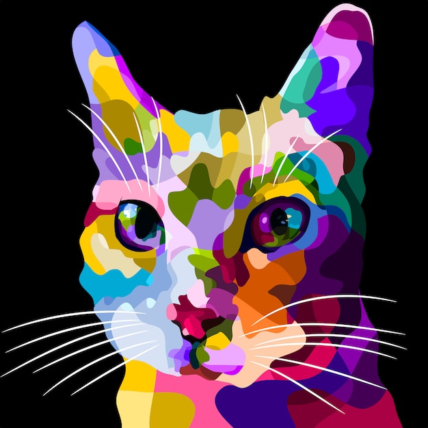 Illustration of colorful cat face in pop art style.