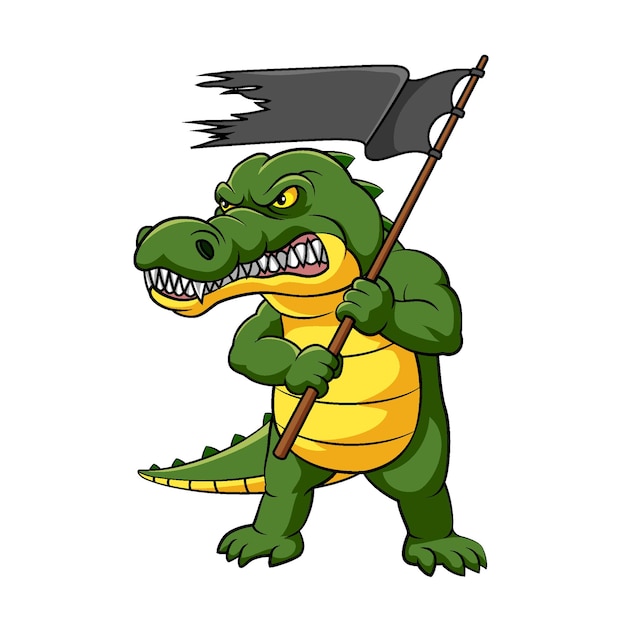 The illustration of the colorful crocodile with the angry expression holding the black flag