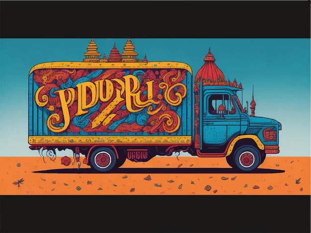 Vector illustration of colorful welcome banner in truck art kitsch style of india