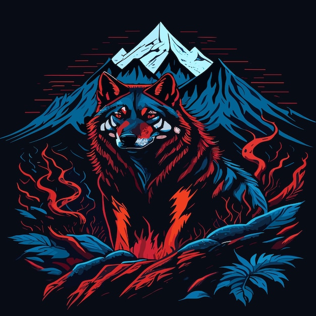 Illustration of a colorful Wolf and dark mountain