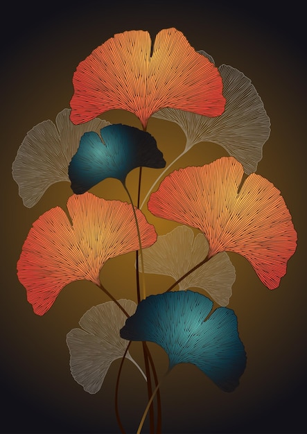 An illustration of colourful ginkgo biloba leaves on dark brown background