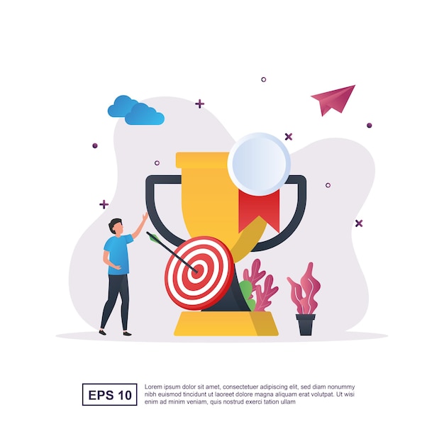 Illustration concept of achievement with big trophies and targets.