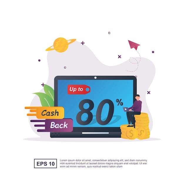 Illustration concept of cashback with people promoting cashback up to 80%.