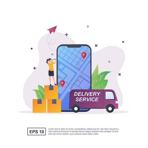 Illustration concept of delivery service with the person pushing the cardboard toward the car.