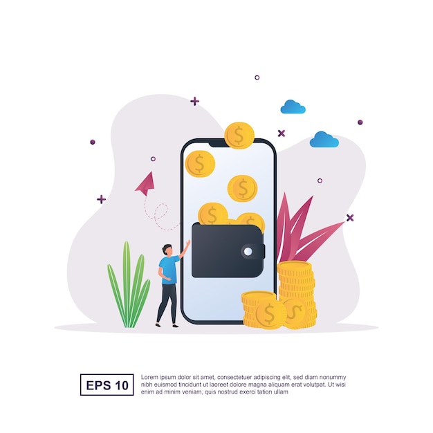 Illustration concept of e-wallet with a wallet filled with wallet on the screen and coins.