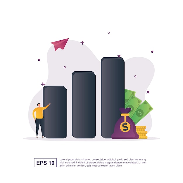 Illustration concept of investment with a bar chart and money bag.