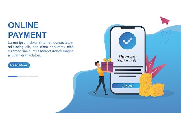 Illustration concept of online payment with a notification if the payment is successful on the screen.