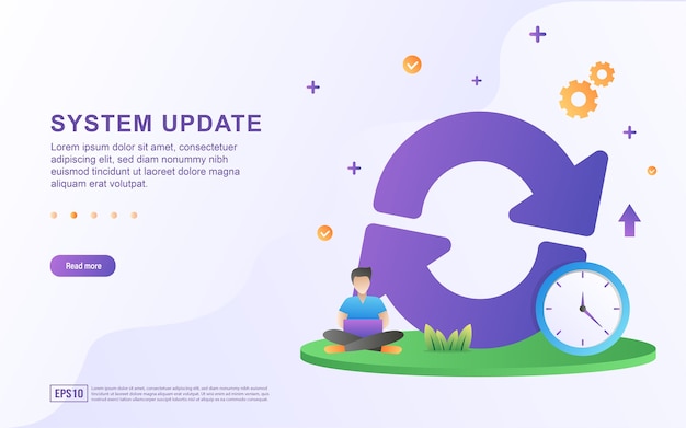 Illustration concept of system update with gears and updating on screen.