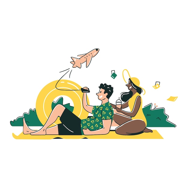 Illustration of the concept of a young couple vacationing abroad