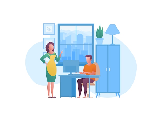 Illustration concepts about working from home with family