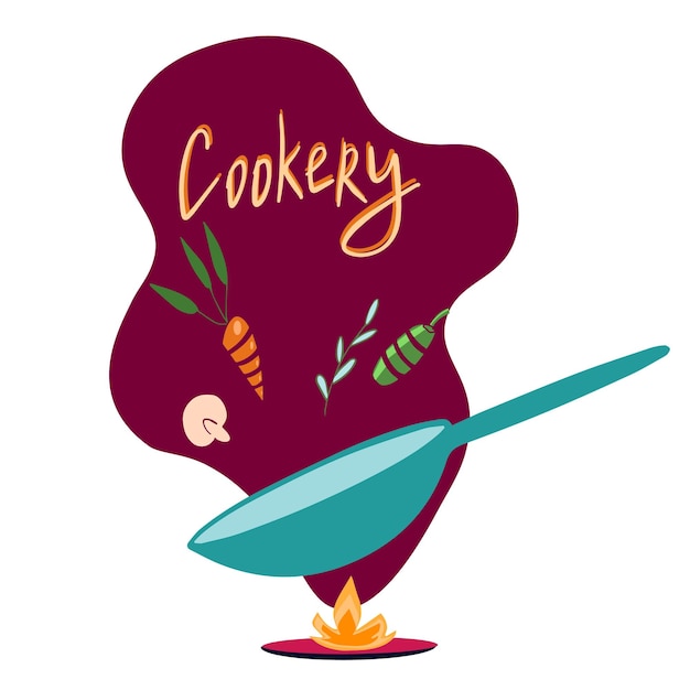 Illustration of cookery frying pan on fire with vegetables Cooking vegetables