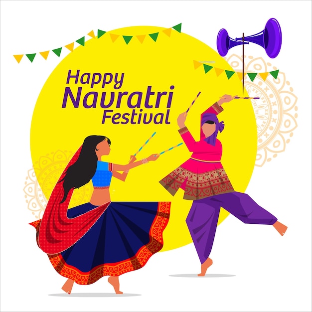 illustration of couple playing Dandiya in dandia Night banner poster for Navratri Dussehra festival