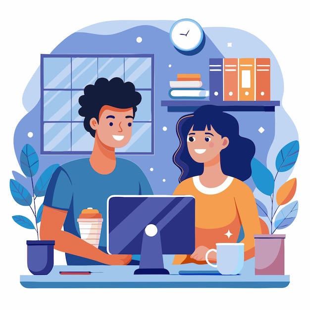 Vector illustration of couple sitting infort of and computer and enjoying coffee