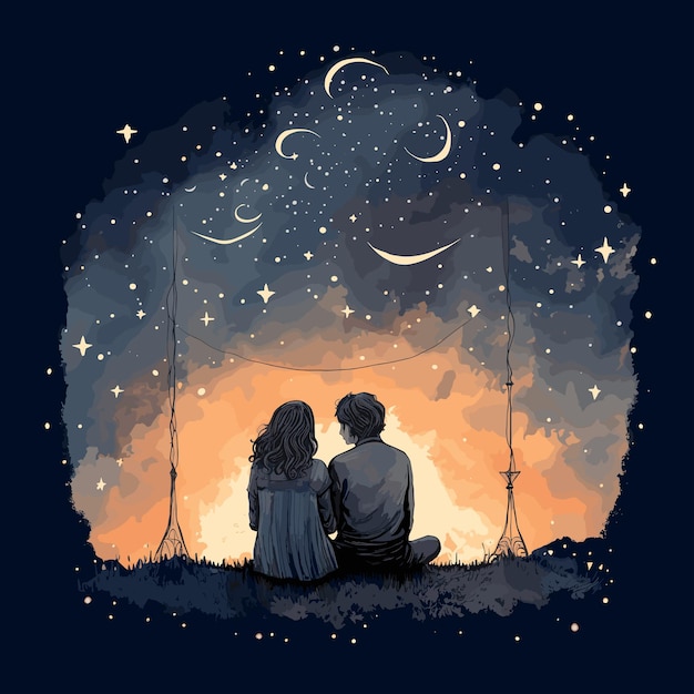 Illustration of a couple sitting under a starru sky