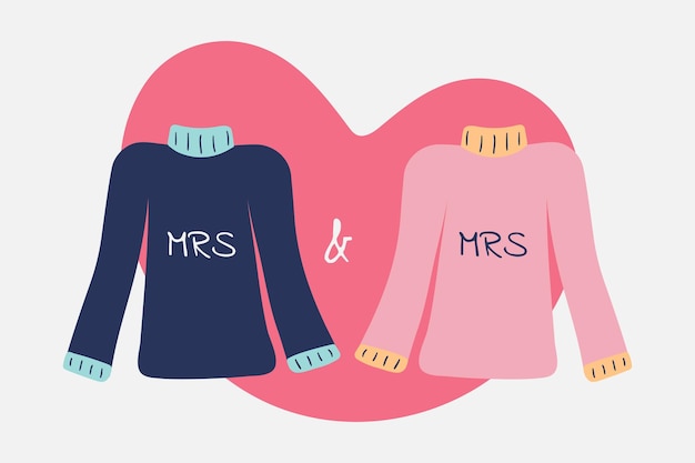 Illustration of couple sweaters for lesbians Miss and Miss for Valentine's Day, February 14th. Love