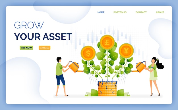 Illustration of a couple watering piles of money to grow productive assets on investment design can be used for landing page startup apps web page ads