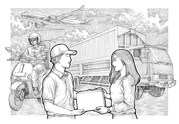 Illustration of Courier Delivery Man Giving Parcel Box To Customer With Vehicle Background