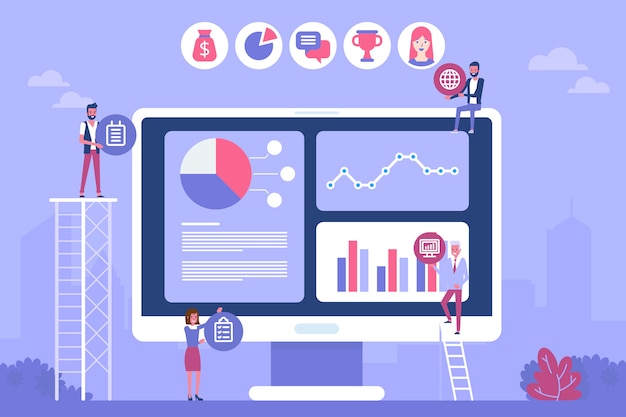   illustration. Creative teamwork. People are building a business project on the Internet. The monitor screen is a building site. Collective performance of tasks