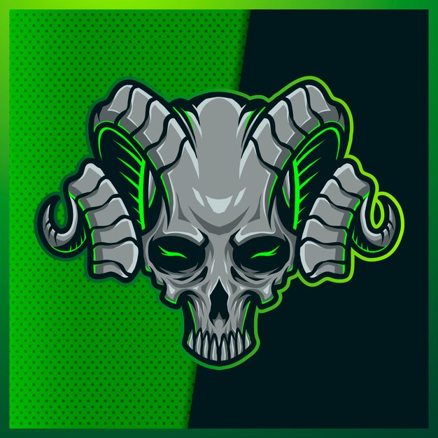 Vector illustration of creepy head skull with a smile, horn, bandana and glow on the green background. hand-drawn illustration for mascot sport logo