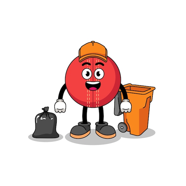 Illustration of cricket ball cartoon as a garbage collector character design