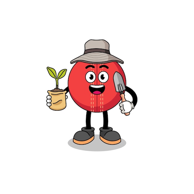 Illustration of cricket ball cartoon holding a plant seed character design