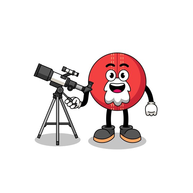 Illustration of cricket ball mascot as an astronomer character design