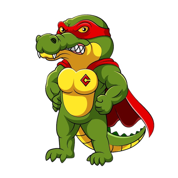 The illustration of the crocodile with muscular body wearing red super heroes costume