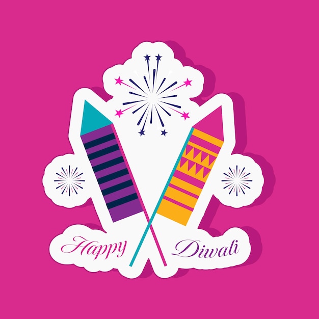 Illustration Of Cross Firecracker Rocket With Fireworks Pink Background For Happy Diwali Sticker