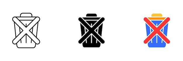 An illustration of a crossedout trash bin representing a prohibition or warning against littering and improper waste disposal Vector set of icons in line black and colorful styles isolated