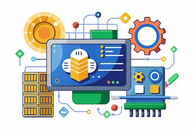 An illustration of customizable firmware featuring various tech components interacting in a networked design Customizable firmware illustration