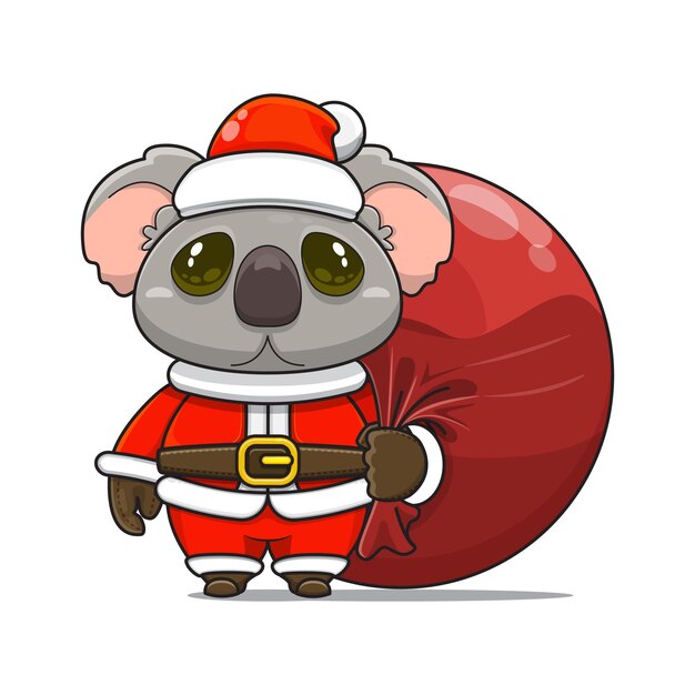 illustration of cute animal monster mascot wearing santa costume carry santa bundle bag