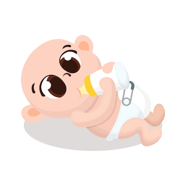 Illustration of Cute Baby Hold Milk Bottle with Cartoon Style