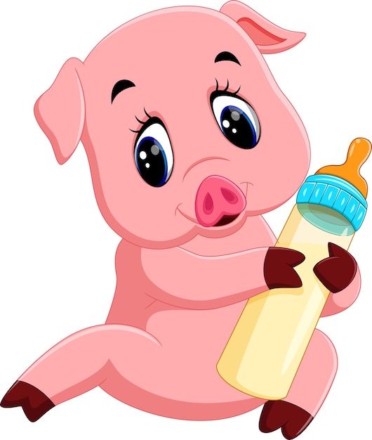 Vector illustration of cute baby pig holding milk bottle