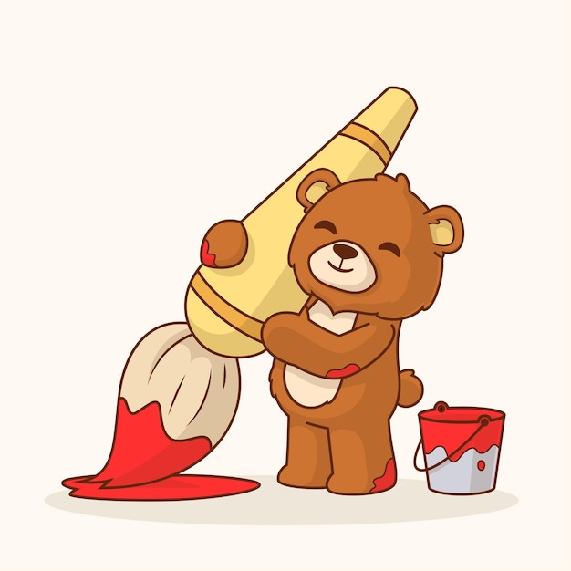 Vector illustration of a cute bear doing school activities painting with a brush