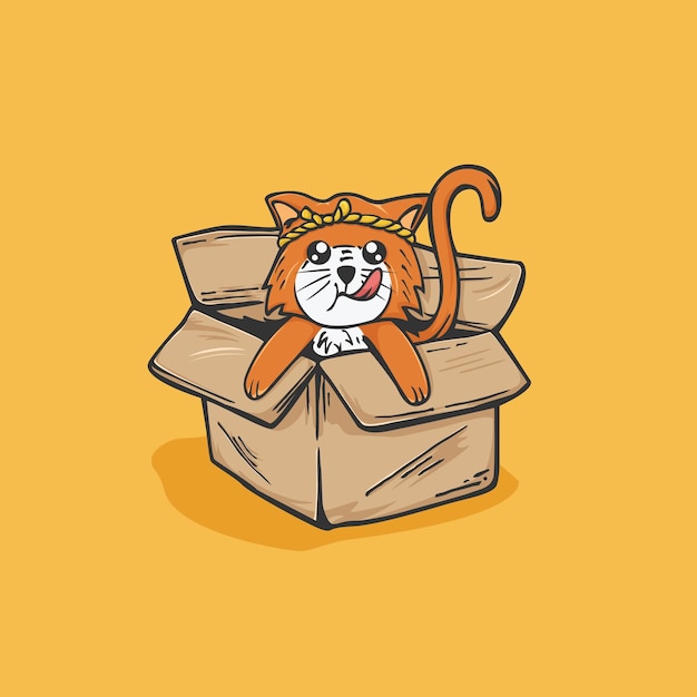 Illustration of cute blue cat character in yellow cardboard box