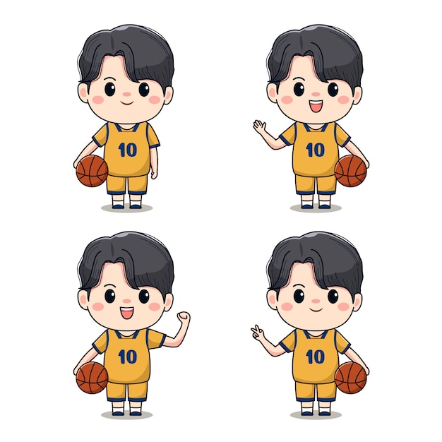 Illustration of a cute boy playing basketball Kawaii character design