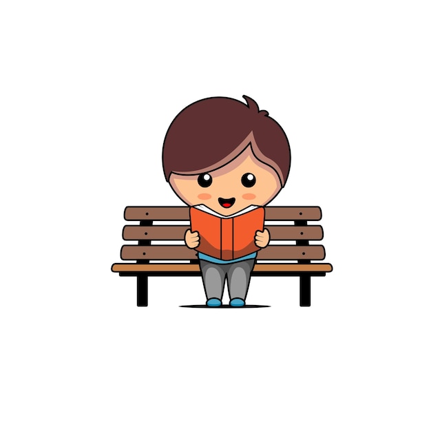 Illustration of cute boy reading a book on a park bench