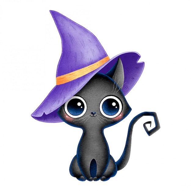 Illustration of cute cartoon black witch cat with purple wizard hat